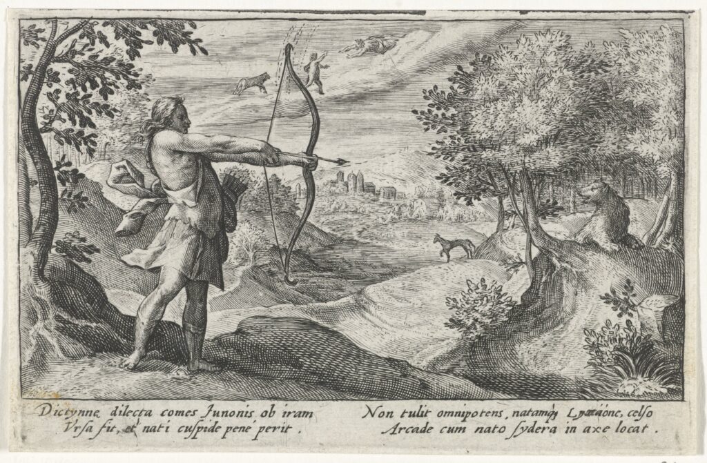 Arcade si prepara a trafiggere sua madre Callisto sotto forma di Orsa. Sullo sfondo, Arcade viene sollevato in cielo da Zeus. Rijksmuseum, Amsterdam. Fonte: Wikimedia Commons